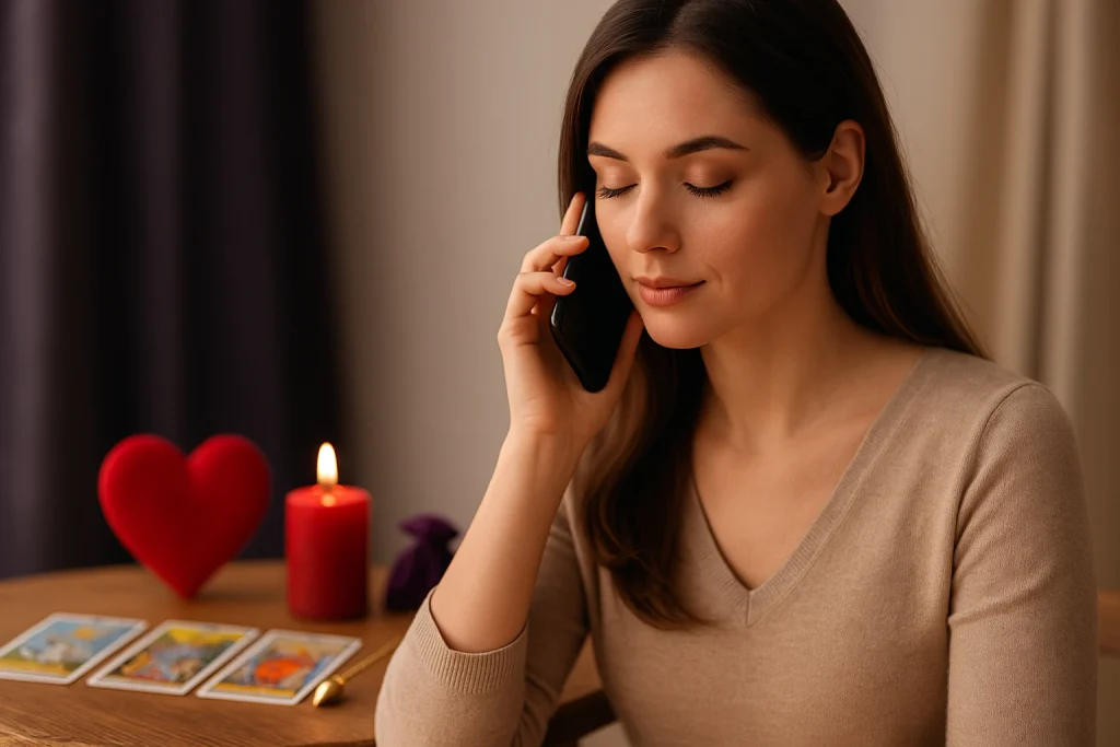 Femme en consultation de voyance couple par téléphone, entourée de cartes de tarot, d’une bougie rouge et d’un cœur symbolique.