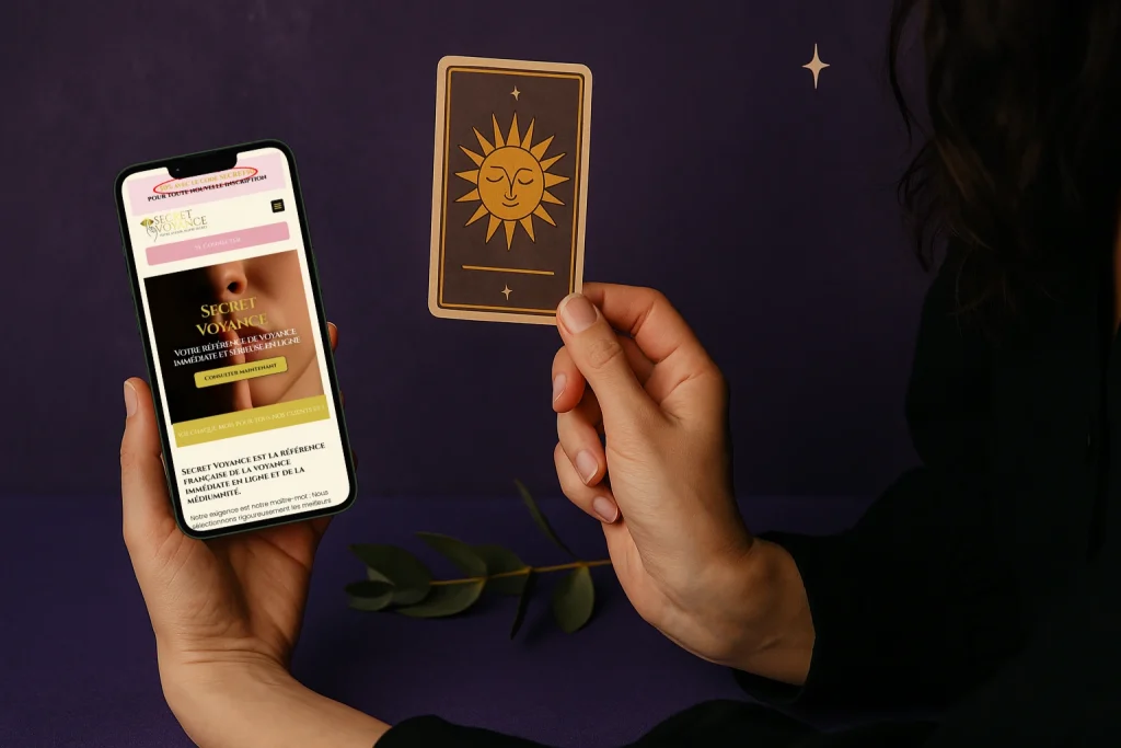 Photo d’une femme tenant un smartphone affichant le site Secret Voyance et une carte de tarot, illustrant une séance de voyance par téléphone sérieuse.