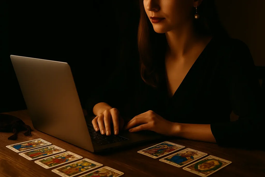 Consultation sérieuse de voyance par tchat sur smartphone, femme concentrée et discrète